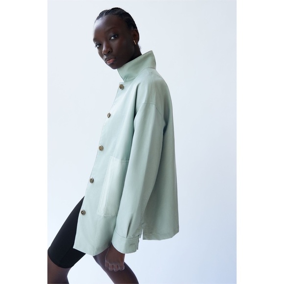 Zara | Combination Overshirt Faux Leather Jacket Sky Nlie NWT Size M - Picture 1 of 9